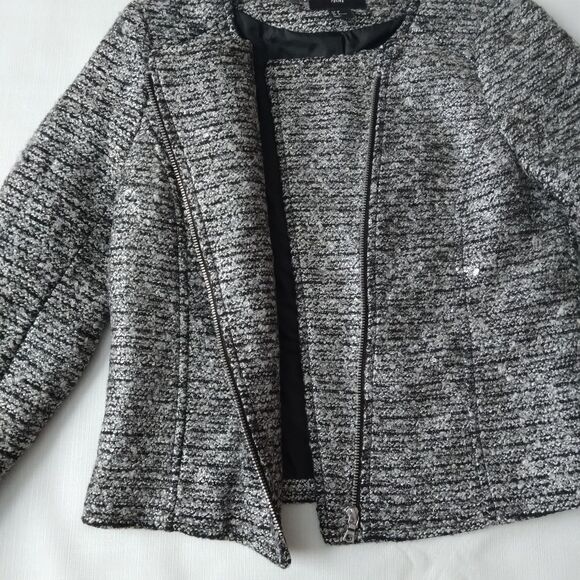 H&M Women's 8 Metallic Silver Heavyweight Boucle Tweed Zip Up Motorcycle Jacket - Picture 9 of 15